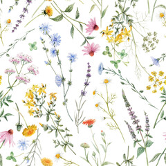 Naklejka na meble Beautiful floral seamless pattern with watercolor hand drawn summer wild field flowers. Stock illustration.