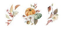 Watercolor Vector Set Of Autumn Bouquets With Pumpkins, Leaves And Branches..