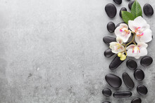 Spa Stone, Orchid Theme Objects On Grey Background.