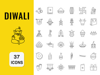  Illustration Of Lineal Diwali Icons -37 Set On Yellow And White Background.