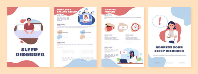 Sleep disorder flat vector brochure template. Booklet, leaflet printable flat color designs. Editable magazine page, reports kit with text space. Sigmar One, Balsamiq Sans, Comfortaa fonts used