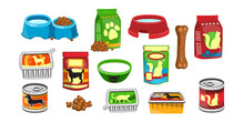 Various Pet Food Cartoon Illustration Set. Packages Of Dry And Wet Canine And Feline Food. Bowl Of Milk And Water For Dog Or Cat. Pet Shop, Domestic Animal, Care Concept