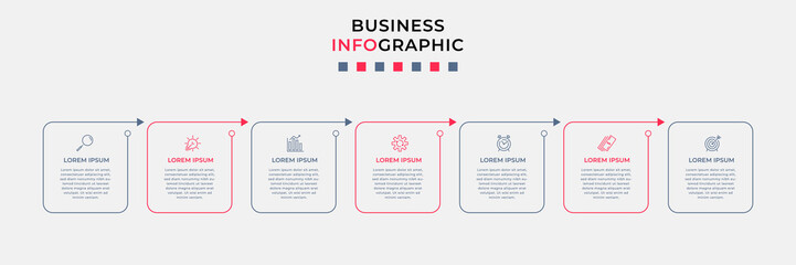 Business Infographic design template Vector with icons and 7 options or steps. Can be used for process diagram, presentations, workflow layout, banner, flow chart, info graph