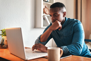 Aufkleber - Man thinking, typing and working on a laptop remote for a social media startup content writing business. Planning, focused and serious freelancer, writer or author reading and reviewing an article