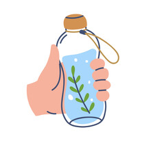 Recycled Water Bottle In Hand. Holding Detox Aqua Drink With Rosemary. Healthy Summer Lemonade, Infused Beverage With Green Leaf. Colored Flat Vector Illustration Isolated On White Background