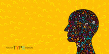 Discovery And Learning Conceptual Illustration. Yellow Background With Texture From Questions And Human Head Design Element With Letters