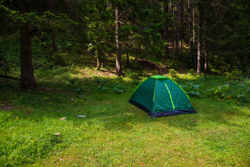 Tourist green tent on the background of forest in the foreground green grass. Camping and tent under the trees forest. Tourism concept. Man lives in the forest