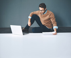 Aufkleber - Copyspace, planning and innovation on a laptop, while doing research and thinking of vision and mission for a startup. Serious entrepreneur waiting on a reply after sending a business proposal