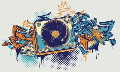 Poster - Drawn vinyl record turntable with graffiti arrows, colorful music design