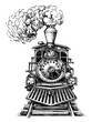 Old locomotive or train on railway. Retro transport. Hand drawn sketch vector illustration in vintage engraving style