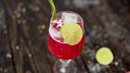 Wall Mural - Drink composition with red lemonade mojito, lime and watermelon