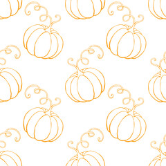 Wall Mural - Vector seamless pattern with outline pumpkins in doodle style. Halloween or thanksgiving background and texture