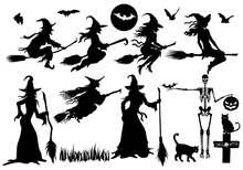 Witch Flying On A Broomstick.Halloween Silhouette On White Background Vector Illustration