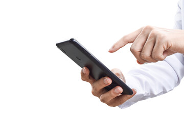 close-up image of businessman hand holding mobile phone isolated on transparent background - png for