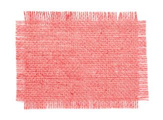 piece of pink burlap fabric on white background, top view