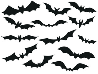 Wall Mural - Collection of black bat silhouettes for Halloween. Vector illustration isolated on white background
