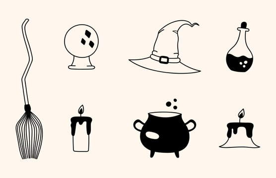 Witchcraft doodle isolated elements set. Halloween clip art hand drawn potion, broom, magic ball, witch hat, candles, cauldron. Vector magic witch items illustration