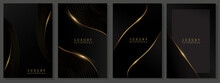 Luxury Gold And Black Covers. Modern Design, Wavy Gold  Lines And Shiny On Gradient Dark Background. Elegant Pattern For Business, Deluxe Events, Invitations.