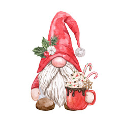 Watercolor Christmas gnome and red mug with hot chocolate. Scandinavian elf and cup of cocoa. Winter holiday illustration.