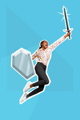 Creative retro 3d magazine image of funny funky lady jumping high rising sword isolated painting background