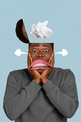 Sticker - Vertical collage portrait of impressed stressed guy hands touch cheeks open top head crumpled paper upside down mouth isolated on creative background