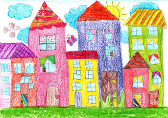 Child drawing of a family house. Pencil art in childish style