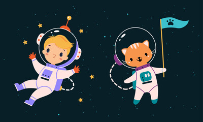 Poster - Space exploration and adventures. Cute boy and dog astronauts in spacesuits floating in outer cosmos vector illustration