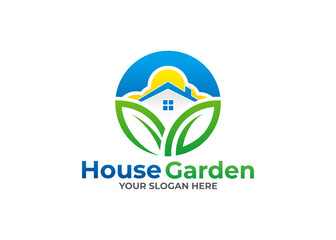 Wall Mural - Green house with leaf vector logo