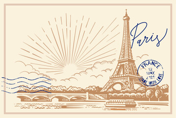 Wall Mural - Sketch of Eiffel Tower with post stamp. Romantic symbol in France. Sightseeing landmark.