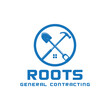 Roots logo template, building construction, window icon, shovel and hammer in a circle. Home construction service logo, creative idea vector illustration.