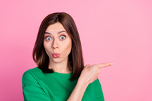 Closeup Photo Of Young Attractive Woman Pointing Finger Empty Space Shocked New Cinema Open Isolated On Pink Color Background