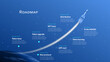 Roadmap with planet Earth and space rocket with long trail on blue background. Timeline infographic template for business presentation. Vector.