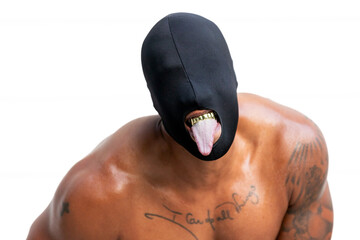 Canvas Print - Shirtless tattooed African American man with eyeless black mask, gold fangs, and tongue sticking out