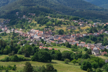  The village of 57850 Dabo with church in France in the Vosges seen from the tower