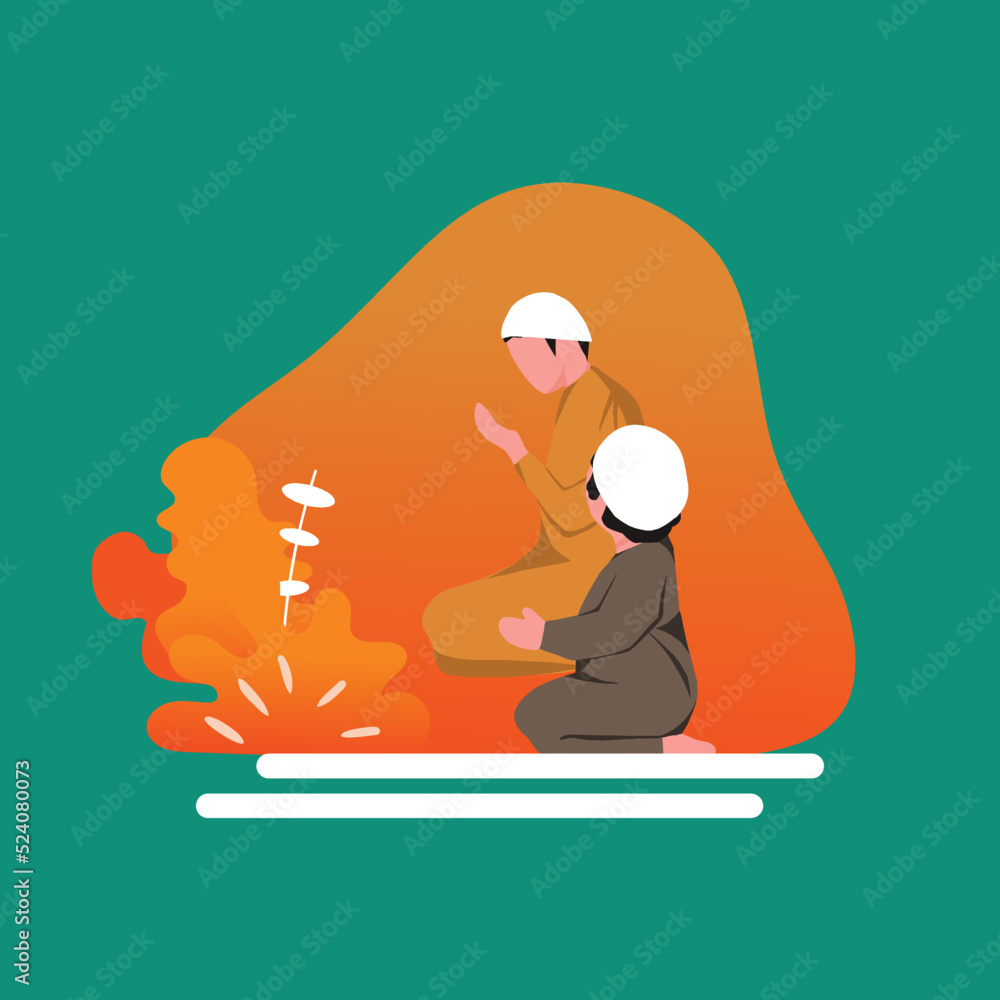 Simple Vector illustration drawing of Muslim boy learning how to make ...