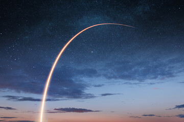 Fototapete - New space shuttle with a light trail flies into the amazing starry sky. Beginning a space mission and exploring the cosmos. Successful rocket launch. Rocket launch to the space with bright light.