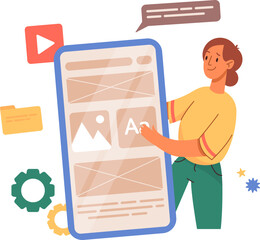 UX and UI design, programming concept banner, landing page. Female Designer team working on mobile app. Prototyping or coding web page or mobile app. Cms development.