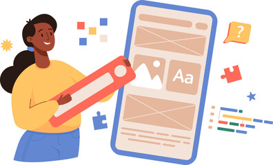 UX and UI design, programming concept banner, landing page. Female Designer team working on mobile app. Prototyping or coding web page or mobile app. Cms development.