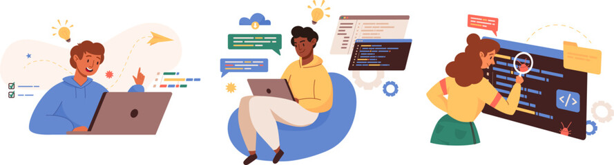 web development courses concept banner template. script coding and programming in php, python, javas