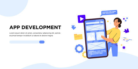 UX and UI design, programming concept banner, landing page. Female Designer team working on mobile app. Prototyping or coding web page or mobile app. Cms development.