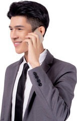 Canvas Print - Young asian business man in suit talking on mobile phone isolated png transperent file, businessman speaking and listening smartphone with conversation, male holding cell phone, communication concept.