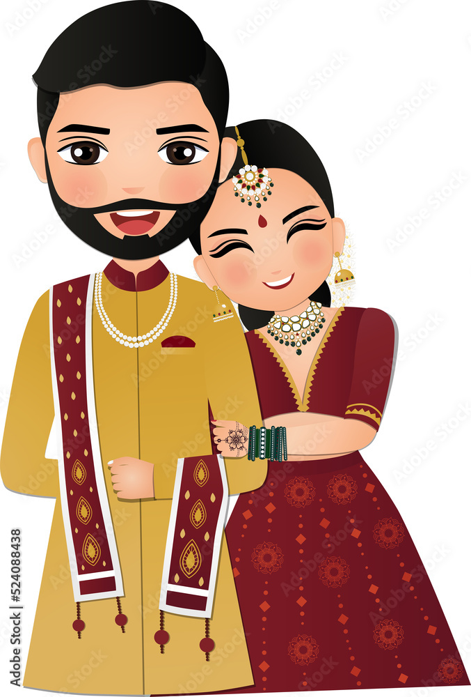 Bride and groom cute couple in traditional indian dress cartoon ...