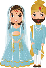 Sticker - Bride and groom cute couple in traditional indian dress cartoon character