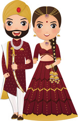 Bride and groom cute couple in traditional indian dress cartoon character