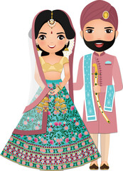 Bride and groom cute couple in traditional indian dress cartoon character