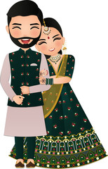Wall Mural - Bride and groom cute couple in traditional indian dress cartoon character