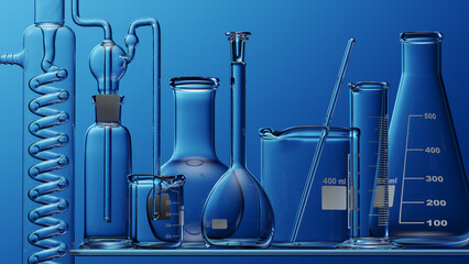 Wall Mural - glass chemistry lab equipment on blue background. chemistry lab concept. 3d