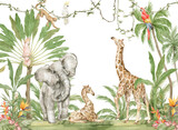 Fototapeta Konie - Watercolor composition with African animals and natural elements. Elephant, giraffe, monkeys, parrots, palm trees, flowers. Safari wild creatures. Jungle, tropical illustration for nursery wallpaper