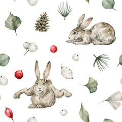 Watercolor seamless pattern with cute rabbits and plants. Wild animals, leaves, berries. Hand-drawn adorable hare, bunny. Wildlife background