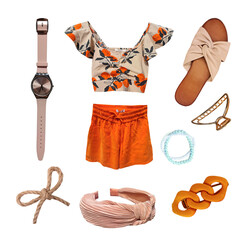 Wall Mural - Beautiful summer orange color clothing set. Women's apparel isolated.Collection of female clothes and accessories.